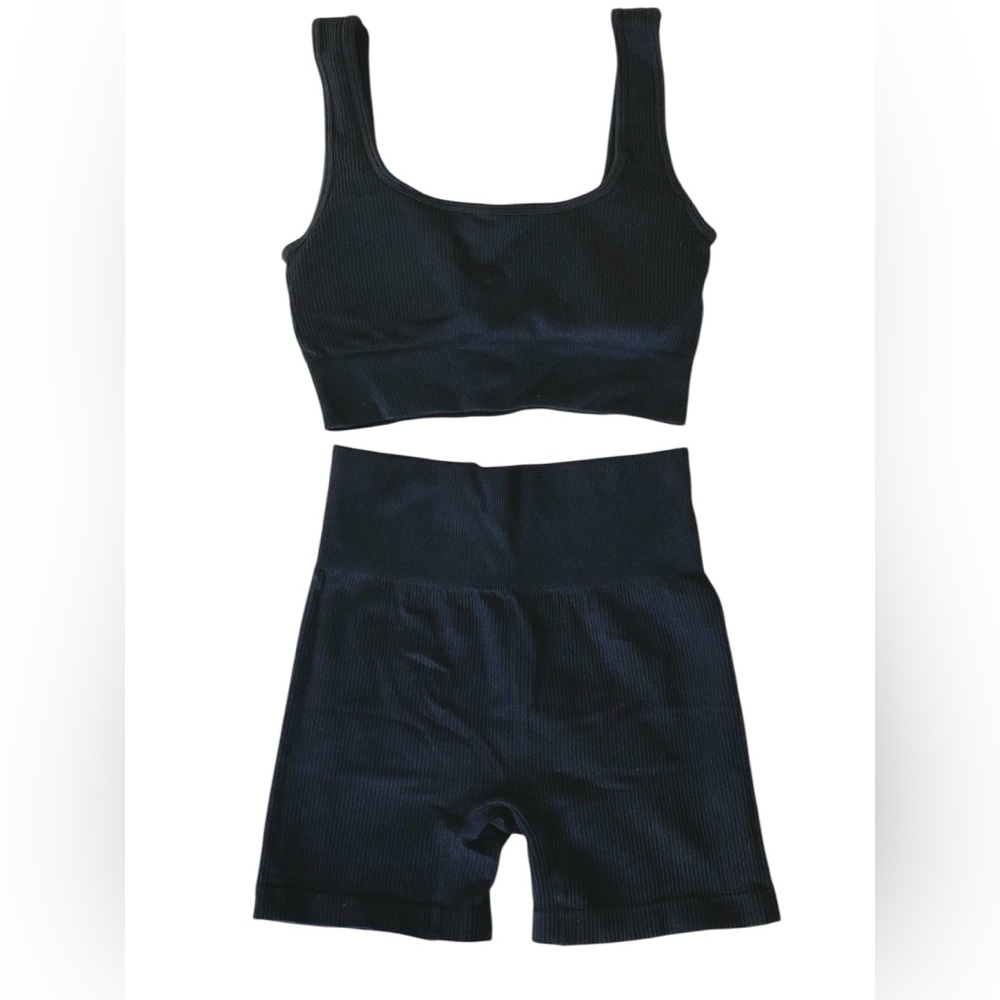 Black Ribbed Crop Top and Shorts Matching Workout Set
